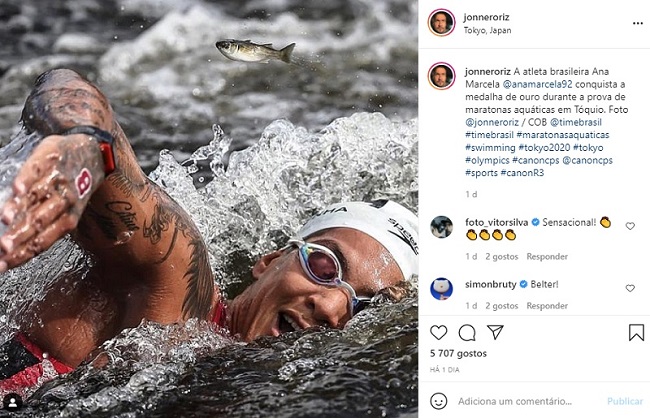 Nadadora brasileira reparte protagonismo em Tóquio com um peixe Nadadora brasileira reparte protagonismo em Tóquio com um peixe